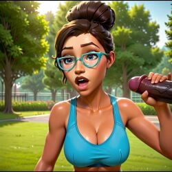 1girls ai_generated arcane breasts breasts brown_hair brown_skin cleavage cock erect_penis female female female_focus female_only glasses grabbing grabbing_penis handjob holding holding_penis league_of_legends open_mouth outdoors outside park penis short_hair sky_young solo solo_female solo_focus sports_bra veiny_penis
