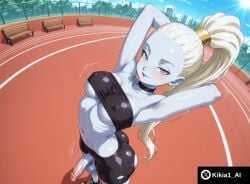 ai_generated armpits balls bike_shorts black_shorts blue_skin colored_skin dragon_ball dragon_ball_z exposed_penis fit fit_futa from_above futa_focus futanari hands_behind_head intersex kikia1 looking_at_viewer medium_breasts outdoors penis ponytail shoes skinny skinny_futa skinny_girl socks toned toned_futa vados white_hair