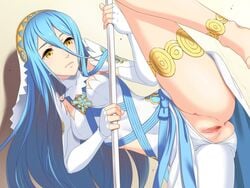 anus ass azura_(fire_emblem) blue_hair breasts dancer female fire_emblem fire_emblem_fates hou_(hachiyou) long_hair nintendo pussy spread_legs uncensored weapon yellow_eyes