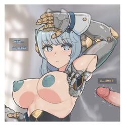 1boy 1girl aether_(genshin_impact) armpit_pussy blue_eyes blue_hair blue_nipples border breasts closed_mouth colored_nipples commentary english_commentary english_text genshin_impact hand_up hetero highres holding ineffa_(genshin_impact) large_breasts mechanical_arms misplaced_genitals penis solo_focus uncensored valenthania white_border
