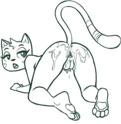 2026 4_toes all_fours anthro anus bodily_fluids butt cum cum_on_butt domestic_cat feet felid feline felis female genital_fluids genitals hayop_ka! hi_res humanoid_genitalia humanoid_vulva looking_back mammal markings monochrome nimfa_dimaano pawpads pubes redout solo striped_markings striped_tail stripes tail tail_markings toes vulva