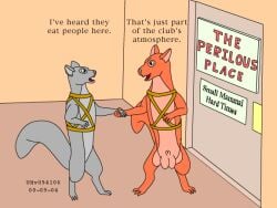 animal_genitalia anthro balls dialogue door duo female fur genitals grey_body grey_fur harness harness_only inside male mammal nude orange_body orange_fur rodent sciurid sheath sign standing text tree_squirrel urbanhermit wearing_harness