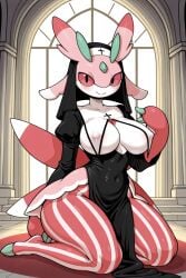 1anthro 1female 1girls 1woman ai ai_generated anthro anthro_only black_clothes black_clothing black_headwear blush breasts catholic church church_background church_interior church_stained_glass clothed clothed_female clothes clothing day daylight daytime female female_only frosting.ai game_freak generation_7_pokemon hand_over_breast kneeling kneeling_female kneeling_on_floor kneeling_on_ground looking_at_viewer lurantis nintendo nipple_outline non-nude nun nun's_habit nun_costume nun_habit nun_hat nun_headdress nun_outfit nun_veil pink_body plant_girl plant_monster pokemon pokemon_(species) questionable red_eyes revealing_clothes revealing_clothing smiling smiling_at_viewer solo tummy woman woman_only woman_solo
