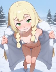 ai_generated beautiful_girl blonde_female flat_chest furcoat green_eyes heavenly_body lillie_(pokemon) long_hair micro_bikini open_clothing outdoors petite_female pokemon pretty_girl sexy_pose slim_female slim_waist slutty_body slutty_female snow temptation tempting_viewer