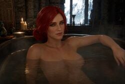 luxuryai ai_generated cd_projekt_red the_witcher_(series) the_witcher_3:_wild_hunt 1girls female light_skin light-skinned_female nude completely_nude bath bathing wet_body breasts nipples mascara looking_at_viewer solo solo_female triss_merigold red_hair freckles freckles_on_face