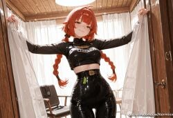 ukinami_yuzuha zenless_zone_zero ai_generated kermixx 1girl solo long_hair breasts looking_at_viewer blush smile bangs shirt long_sleeves holding twintails medium_breasts closed_mouth green_eyes standing yellow_eyes braid ahoge red_hair cowboy_shot belt pants indoors blunt_bangs bag orange_hair twin_braids crop_top black_shirt thigh_gap black_pants half-closed_eyes curtains latex high-waist_pants