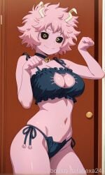 1girl ai_generated ashido_mina bare_shoulders bell black_bra black_panties black_sclera bra breasts cat_cutout cat_ear_panties cat_lingerie choker cleavage cleavage_cutout closed_mouth clothing_cutout colored_sclera colored_skin cowboy_shot door frilled_bra frills horns jingle_bell large_breasts looking_at_viewer meme_attire mina_ashido my_hero_academia navel neck_bell panties paw_pose pink_hair pink_skin short_hair side-tie_panties smile solo stomach teen teen_girl teenage_girl teenager underwear underwear_only yellow_eyes