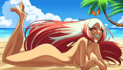 beach bicolored_hair female female_only ferisha_(ohno) ferisha_bianco k-ohno naked_female nude_female nudist_beach oc red_hair sharp_teeth solo_female theohnoart white_hair yohnoart