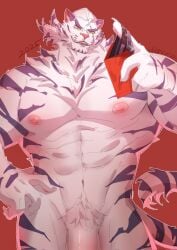 1boy abs animal_ears bara biceps chinese_commentary commentary_request completely_nude cum cum_on_clothes dated dislyte envelope flaccid furry furry_male hand_on_own_hip highres holding holding_envelope holding_underwear holding_unworn_clothes jin_qiu_(ru_shou)_(dislyte) looking_at_viewer male_focus muscular muscular_male navel nipples nude open_mouth pectorals penis scar scar_across_eye scar_on_face smile tail tiger_boy tiger_ears tiger_stripes tiger_tail tuji_han underwear white_fur