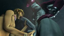 2boys 3d big_penis blowjob chastity chastity_cage chastity_device collar duo fellatio femboy gay genitals girly grabbing_balls hi_res holding_balls humanoid hylian jewelry link male male/male marine nintendo oral penile ring sex sidon_(zelda) sissy size_difference source_filmmaker stormrider the_legend_of_zelda video_games yaoi zora