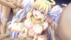 3boys agnes_(sankai_ou_no_yubiwa) angel angel_wings blonde_hair blue_eyes cum cum_in_pussy cum_on_body eushully female game_cg gangbang multiple_boys sankai_ou_no_yubiwa