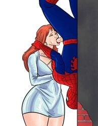 1boy 1boys 1girl 1girl1boy big_breasts blowjob canon_couple female male/female married_couple marvel marvel_comics mary_jane_watson peter_parker redhead silver_dress spider-man spider-man_(series) upside_down