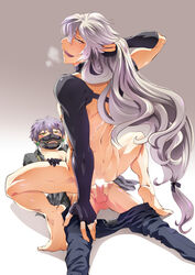 2boys age_difference anal ass bara cowgirl_position erection gloves grin happy_sex kogitsunemaru looking_at_viewer male male_only mask multiple_boys muscle muscles nakigitsune naughty_face nude penis riding sex sitting_on_person size_difference smile smirk steam straddling testicles touken_ranbu yaoi