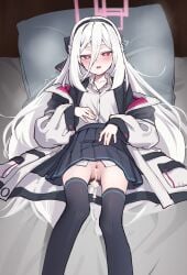 1girl after_sex after_vaginal bed_sheet black_hairband black_ribbon black_skirt black_thighhighs blue_archive censored commentary cum cum_in_pussy cumdrip double-parted_bangs hair_between_eyes hair_ribbon hairband half_updo halo highres jacket kanpa_(campagne_9) kei_(blue_archive) kei_(student)_(blue_archive) long_hair long_sleeves looking_at_viewer lying mosaic_censoring no_panties on_back open_mouth pillow pink_halo pleated_skirt pussy pussy_juice red_eyes ribbon shirt skirt solo thighhighs trembling white_hair white_jacket white_shirt