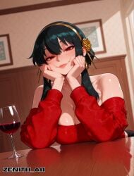 ai_generated ai_art zenithai large_breasts large_ass yor_briar spy_x_family sweater wine wine_glass naughty_face