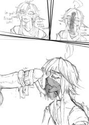 2boys femboy male_only male_on_femboy snake_boy scales prosthetic_arm prosthetics comic_page teasing seductive_look smug_face tail furry_male wolf_tail wolf_boy black_and_white 2d cock tongue tongue_out_blowjob precum snake_tongue