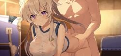 1boy 1boy1girl 1girl all_fours animated ass ass_grab bent_over blonde_hair bottomless breasts bun_hair clothed doggy_style game_cg gray_hair gym_shirt gym_uniform hairband hanging_breasts headband insertion kneeling large_breasts long_hair muv-luv_girls_garden nipples nipples_visible_through_clothing noelle_arouet orgasm pussy_juice pussy_juice_drip pussy_juice_trail see-through see-through_clothing sex shirt siino straight_hair swinging_breasts tied_hair twin_buns vaginal vaginal_fluids vaginal_insertion vaginal_penetration vaginal_sex wet wet_shirt