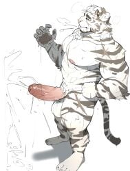 1boy abs animal_ears arknights bara barefoot claws closed_mouth completely_nude cross_scar erection furry furry_male hand_on_own_hip highres lhjal2 looking_to_the_side male_focus mountain_(arknights) multiple_scars muscular muscular_male navel nipples nude pawpads pectorals penis scar scar_across_eye scar_on_arm scar_on_cheek scar_on_face scar_on_hand scar_on_leg scar_on_shoulder scar_on_thigh sweat tail testicles tiger_boy tiger_ears tiger_stripes tiger_tail white_background