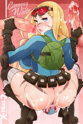 alternate_costume alternate_hairstyle ass back cammy_white capcom cum cum_on_ass cum_on_hair facial female goggles handjob looking_at_viewer looking_back object_insertion penis solo squatting street_fighter street_fighter_v x-teal