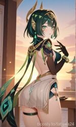 1girl ai_generated ass back backless_dress backless_outfit bangs black_gloves black_hair blush breasts cowboy_shot dress earrings elbow_gloves from_behind genshin_impact gloves green_eyes green_hair hair_ornament hand_up jewelry looking_at_viewer looking_back medium_breasts nefer_(genshin_impact) parted_lips short_hair sky solo sunset thigh_strap thighs underbutt