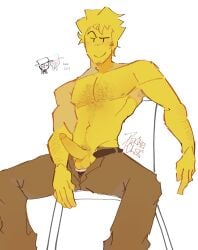 2boys artful_(die_of_death) balls clothed clothing cock devesto die_of_death_(roblox) erect_penis erection french_text gay looking_at_another male male_boobs male_breasts male_focus penis penis_out pochoclos roblox roblox_game robloxian shirtless sitting_on_chair solo_focus teasing topless white_background yellow_body