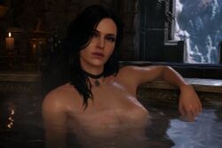 luxuryai ai_generated cd_projekt_red the_witcher_(series) the_witcher_3:_wild_hunt 1girls female light_skin light-skinned_female nude completely_nude bath bathing wet_body breasts nipples yennefer black_hair purple_eyes mascara choker necklace looking_at_viewer solo solo_female