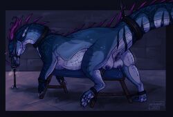 bdsm blue_body blue_scales bondage bound breeding_stand claws collar dragon female female_feral feral genitals hi_res leaking_milk legs_tied muzzle_(object) mythological_creature mythological_scalie mythology paws scales scalie solo tail tail_tied teats vantabats vulva
