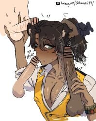 black_censor_bar brown_hair cleavage fellatio grabbing_hair green_eyes kissing_penis leona_kingscholar lion_ears male_focus masturbating multiple_males multiple_penises ponytail sucking_penis sweating throbbing_penis twisted_wonderland yaoi