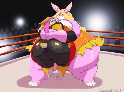 wrestling_ring wrestling kazecat jiggly_(kazecat) huge_ass smaller_female larger_female bunny_girl bear_hug
