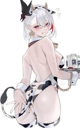 1girl absurdres animal_ears animal_print anus ass backless_outfit bare_back bare_shoulders bell blush bottle breasts chain chain_leash collar cow_ears cow_horns cow_print cow_tail ear_tag fake_animal_ears flying_sweatdrops from_behind highres holding holding_tray horns large_breasts leash leotard looking_at_viewer looking_back milk milk_bottle multicolored_hair original playboy_bunny red_collar red_eyes rerrere short_hair simple_background solo standing tail thighhighs tray two-tone_hair white_background white_hair wrist_cuffs