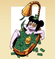 beige_background black_hair boobs breasts cleavage closed_eyes double_bun ennuikalart gertrude_"trudy"_tennacy_(ennuikal) glistening glistening_breasts golden_glasses hair_bun medium_breasts mob_face money money_shower no_background nudity oc original original_character raven_hair rubber_duck short_hair shower shutter_shades simple simple_background simple_coloring simple_drawing simple_eyes simple_face simple_shading smiling trudy_(ennuikal) tub white_skin white_skinned_female