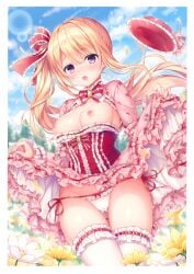 mitsuba_choco original highres 1girl ass_visible_through_thighs blonde_hair blush breasts breasts_out clothes_lift cloud cowboy_shot crotch_seam day dress dress_lift floating_hair flower frilled_dress frills hair_ribbon hat lifting_own_clothes long_hair looking_at_viewer medium_breasts nipples open_mouth outdoors panties pink_dress purple_eyes red_hat ribbon side-tie_panties side_ponytail sky solo standing thighhighs thighs underbust underwear very_long_hair white_flower white_panties white_thighhighs yellow_flower