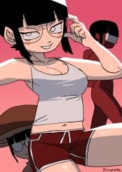 ennuikalart original someone_else's_oc red_background tagme tagme_(character) background_characters mushroom_hat glasses sleeveless_shirt tank_top black_hair raven_hair smirk short_hair light_skin light-skinned_female circle_eyes glistening glistening_body glistening_skin simple_background simple_shading simple simple_eyes simple_coloring simple_face simple_drawing boobs breasts cleavage medium_breasts slim_waist red_pants short_pants midriff belly_button thighs