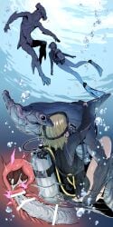 1boy 1girl air_bubble bar_censor blonde_hair bubble censored commission cross-section cum fish_boy flippers hetero highres internal_cumshot interspecies kotake_standard monster_boy multiple_views original oxygen_mask oxygen_tank penis pixiv_commission sex short_hair teratophilia underwater underwater_sex