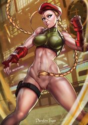 1girls ahoge areolae armpits artist_name bare_legs bare_shoulders belly beret blonde blonde_hair blue_eyes bottomless braids breasts buckle cammy_white cap capcom clenched_hand clock closed_mouth collarbone covered_breasts covered_nipples dandon_fuga female female_only gauntlets gloves groin hair_between_eyes hat headgear high_resolution highleg large_breasts legs leotard long_hair navel nipples pussy solo street_fighter street_fighter_v thighs tied_hair torn_clothes twintails vagina very_high_resolution watermark