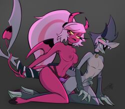 2_penises ahegao anal anal_penetration anthro aquatic areola balls blue_eyes blue_hair blush bodily_fluids breasts chazwick_thurman cloven_hooves collar demon dildo dildo_in_ass dildo_insertion doggystyle dominant dominant_female duo entwined_tails erection female female_penetrating female_penetrating_male fin fish from_behind_position genital_fluids genitals grey_body hair heart_(marking) hellaverse helluva_boss hi_res hooves horn imp looking_at_another looking_at_partner looking_pleasured male male/female male_penetrated markings multi_genitalia multi_penis nude object_in_ass occisorartsnsfw open_mouth pegging penetration penis pink_body pink_hair precum sex sex_toy sex_toy_in_ass sex_toy_insertion shark skinny_anthro skinny_male strapon tail tail_coil tail_grab teeth tongue tongue_out toying_partner verosika_mayday wings yellow_eyes