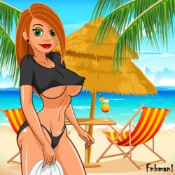 1girls beach bikini_bottom covered_nipples disney erect_nipples female_only fnbman green_eyes hourglass_figure kim_possible kimberly_ann_possible large_breasts outdoors solo underboob