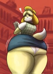 animal_crossing isabelle_(animal_crossing) nintendo superbone 1girls female female_only female_focus solo solo_focus solo_female tail fur clothing clothed clothed_female ! underwear panties white_panties skirt miniskirt barely_contained_ass thick_thighs looking_at_viewer looking_back_at_viewer ass ass_focus butt butt_focus big_ass big_butt fat_ass thick_ass large_breasts huge_ass ass_bigger_than_head ass_bigger_than_torso shirt vest anthro furry_female furry