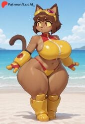 1girl 1girls ai_generated anthro beach beach_background big_ass big_breasts bikini boots breasts brown_body cat_ears cat_girl cat_tail catgirl fur furry furry_female furry_only gameoverse hi_res huge_ass huge_breasts kit_(gameoverse) lucai thick_thighs thighs yellow_bikini