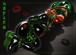 1boy arms_behind_back arms_tied ball_gag black_leather blindfold bound bound_arms bound_legs brown_hair clothing erotic facial_hair gag green_hat hat kiss_marks latex latex_clothing lipstick_marks luigi lying_on_side male male_only mario_(series) mature mature_male nintendo raylak_m red_lipstick_mark short_hair solo solo_focus solo_male super_mario_bros.