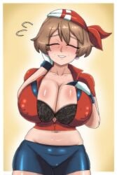 1girls gomi_draws may_(pokemon) pokemon pokemon_rse game_freak aged_up milf mature mature_female mature_woman brown_hair hair short_hair earrings ear_piercing smile hand_on_cheek huge_breasts big_breasts breasts cleavage topwear bottomwear clothing solo solo_female female female_only alternate_version_available closed_eyes headband headwear red_shirt shirt tight_clothing nipple_bulge erect_nipples black_shorts shorts bike_shorts black_bra bra lace lace_trim lace-trimmed_bra lingerie