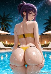 1girl ai_generated ai_slop ass ass_grab ass_support back bangs bare_shoulders bikini blush breasts cowboy_shot earrings from_behind glasses grabbing_own_ass hair_bun hands_on_own_ass hoop_earrings jewelry looking_at_viewer looking_back night night_sky outdoors palm_tree parted_lips pool poolside purple_eyes purple_hair shiny shiny_skin sidelocks single_hair_bun sky smile solo starry_sky swimsuit thigh_gap tree water wet yellow_bikini