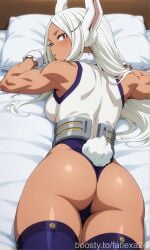 1girl ai_generated animal_ears ass bangs bare_shoulders blush breasts dark-skinned_female dark_skin from_behind gloves highleg highleg_leotard large_breasts leotard long_hair looking_at_viewer looking_back lying mirko muscular muscular_female my_hero_academia on_bed on_stomach parted_bangs parted_lips pillow purple_thighhighs rabbit_ears rabbit_girl rabbit_tail red_eyes rumi_usagiyama sleeveless sleeveless_turtleneck sleeveless_turtleneck_leotard solo tail tail_through_clothes thick_thighs thighhighs thighs turtleneck turtleneck_leotard usagiyama_rumi white_gloves white_hair