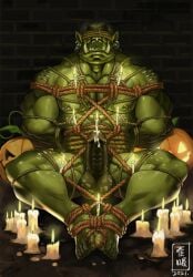 binding bound genital_piercing green_skin halloween holidays male_only muscular_male orc penis_piercing rope tile toe_restraints urethral_candle wax_play