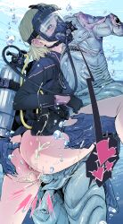 1boy 1girl air_bubble anus ass bar_censor blonde_hair blue_eyes blush bubble censored commission cum cum_in_pussy cum_overflow fish_boy flippers hands_on_another's_ass heart hetero highres interspecies kotake_standard monster_boy original oxygen_mask oxygen_tank penis pixiv_commission sex short_hair spoken_heart teratophilia underwater underwater_sex webbed_hands