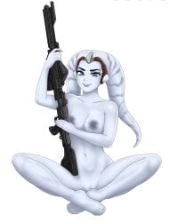 alien alien_humanoid anthro areola blue_eyes bottomless breasts chrismartinn clothed clothing collarbone dc-15_blaster_rifle eyebrows eyelashes feet female gun hi_res humanoid lekku_(anatomy) navel nipples not_furry ranged_weapon rifle sitting smooth_skin solo star_wars twi'lek valera_shadowpaw weapon white_body white_skin