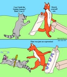 animal_genitalia anthro balls canid canine comic dialogue duo english_text fox fur genitals grass grey_body grey_fur humor lying male male/male mammal nude nude_male on_back orange_body orange_fur outside plant procyonid raccoon sheath text two_panel_image unconscious urbanhermit white_body white_fur