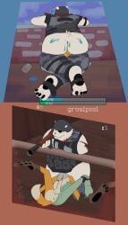 absurd_res anthro bear big_butt big_penis butt canid canine duo epic_games face_in_ass facesitting feet fennix_(fortnite) foreskin fortnite fox fur gameplay_mechanics genitals gruelpool gun hi_res male male/male mammal overweight overweight_male penis polar_bear polar_patroller ranged_weapon sitting sitting_on_another size_difference stirrup_legwear ursine weapon