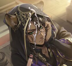 black_censor_bar brown_hair cum_on_face edited_official_artwork gay green_eyes leona_kingscholar lion_ears penis small_penis twisted_wonderland