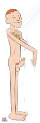 1boy balls clarence cooter_(clarence) erection gay ginger knullmannen light_skin male male_only penis pubic_hair scar_across_eye shower showering simple_background skinny solo sponge white_background yaoi